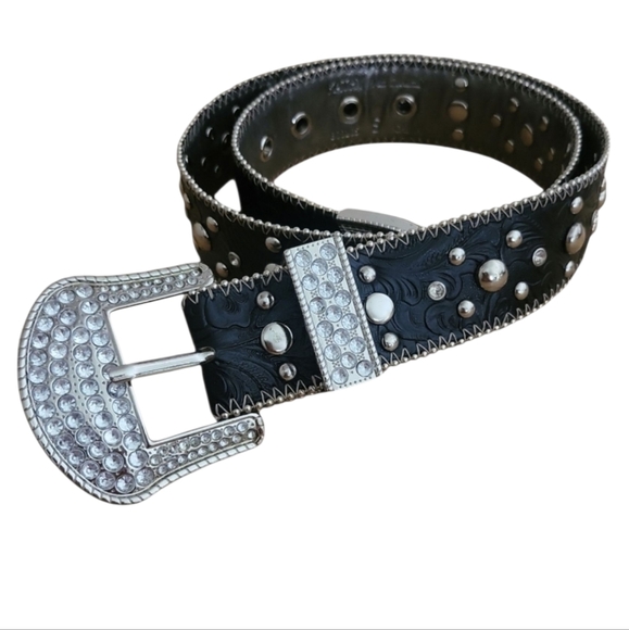 Kathy Van Zeeland Black Rhinestone Bling Buckle Silver Stud Western Belt S - Picture 1 of 12